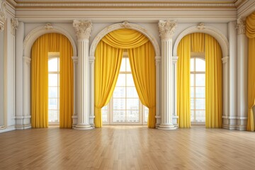 Fototapeta premium Neoclassical architecture concept, empty room interior design in white and yellow pastel tones, parquet wood floor, molded walls, arched doors with curtains, Generative AI