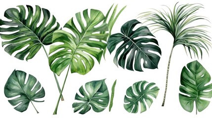 Exotic plant, palm leaf, monstera on isolated white background, watercolor illustration.Generated with AI