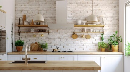 A close-up of the interior of a contemporary kitchen featuring white brick walls and white counters. a mockup Generative AI - obrazy, fototapety, plakaty