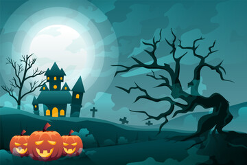 Halloween Scene Flat Design Illustration