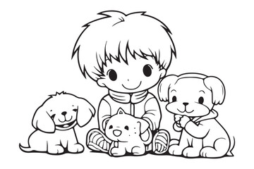 Kids Coloring Book, Coloring Pages, Dog Character Coloring Page With Cute Kids, Vector Line Art 
