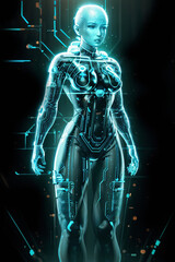 Fototapeta na wymiar Sci-Fi AI Woman Hologram Bald Wearing Detailed Suit Glow Realistic Photoshop Overlay Screen Generative AI Illustration