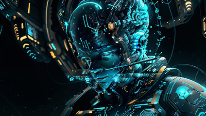 Fototapeta premium Sci-Fi AI Hologram Intricate Detailed Close Up Portrait Photoshop Overlay Screen Generative AI Illustration