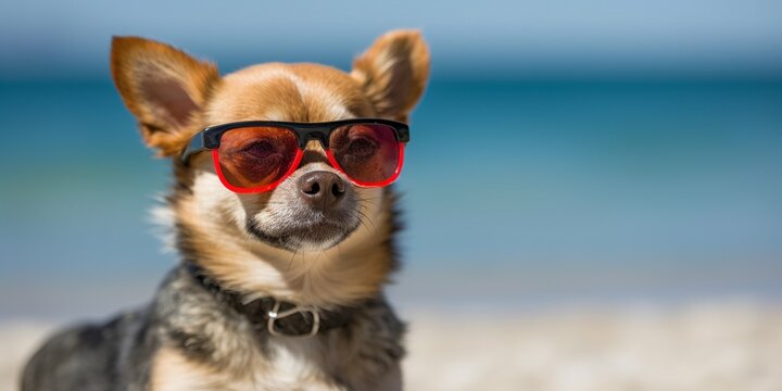 Dog at the beach wearing red sunglasses, relax and vacation concept, style and fashion on the beach, funny pet sunbathing, playing and having family fun at sea, generative AI