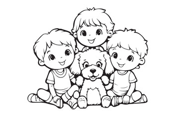 Kids Coloring Book, Coloring Pages, Dog Character Coloring Page With Cute Kids, Vector Line Art 