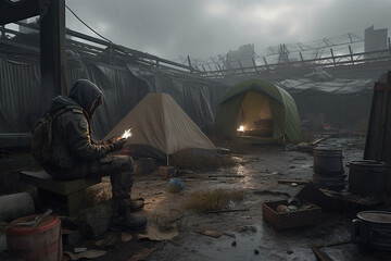 Homeless man with a tent in a post-apocalyptic setting. Generative AI
