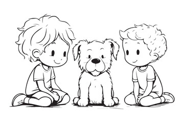 Kids Coloring Book, Coloring Pages, Dog Character Coloring Page With Cute Kids, Vector Line Art 
