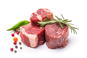 Three pieces of raw meat with herbs and mixed peppers isolated on white background. Steaks with rosemary. Generative AI.