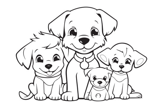 Kids Coloring Book, Coloring Pages, Dog Character Coloring Page With Cute Kids, Vector Line Art 