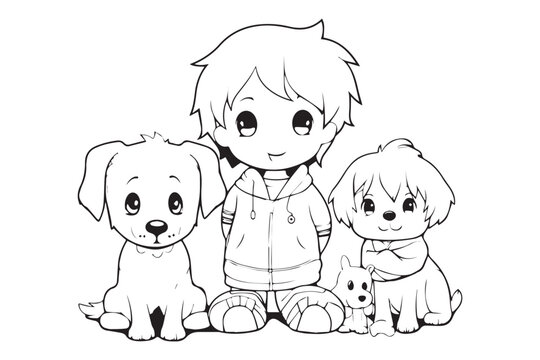Kids Coloring Book, Coloring Pages, Dog Character Coloring Page With Cute Kids, Vector Line Art 