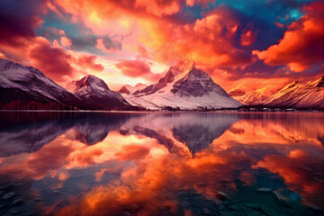 Fototapeta na wymiar Amazing sunsets and mountains with beautiful lakes.