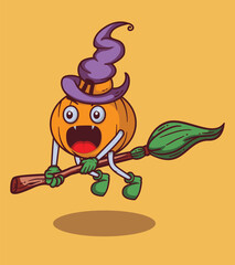 Cartoon cute pumpkin with flying broom