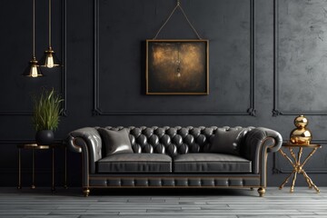 Idea for a mock-up image featuring a grey sofa in black walls Generative AI