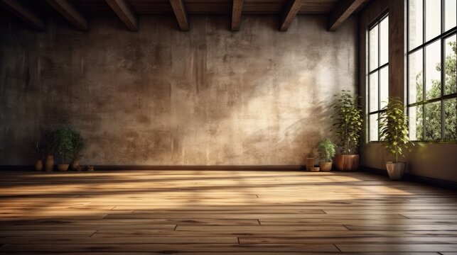 For a modern house, vintage, empty space, and natural daylight, indoor wooden floor and wall Generative AI