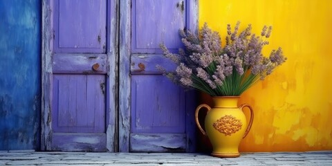Yellow vase with lavender on it, with a blue shabby door in the backdrop. Generative AI