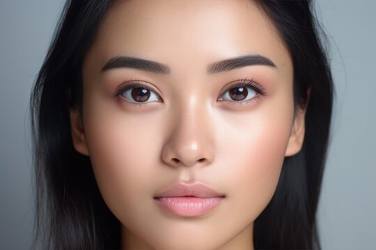 Beautiful Asian woman open face with smooth skin looking at camera on white background in studio light;Generated with AI