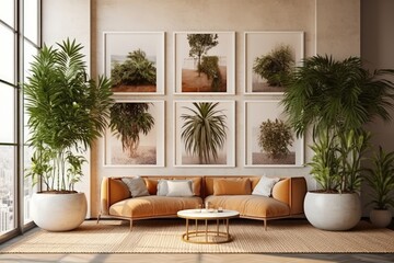 Fototapeta premium Interior design of a contemporary room with plants and frames. Generative AI