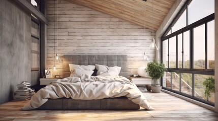 Wooden loft bedroom with a large window and a double bed with gray and white pillows. simulated toned image Generative AI
