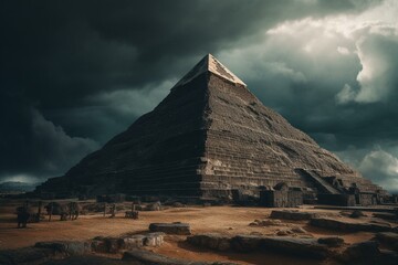 Fototapeta na wymiar Stormy sky looms above ancient pyramid, linked to theories of extraterrestrial involvement. Generative AI