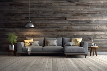 Obraz premium Background of interior living room with gray sofa against white wall and table light. Wooden wall and floor templates with textured design Generative AI