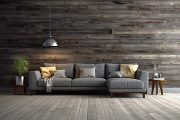 Background of interior living room with gray sofa against white wall and table light. Wooden wall and floor templates with textured design Generative AI