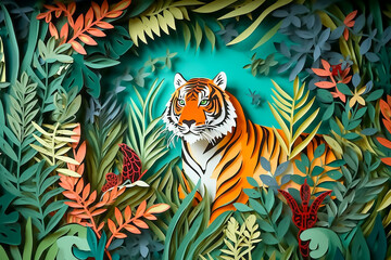 Paper cutting art style illustration of Bengal Tiger in the forest concept, AI generated image.
