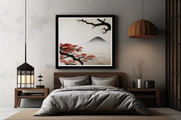 a mockup photo frame in traditional Japanese style hanging on a wooden wall in a bedroom, Generative AI