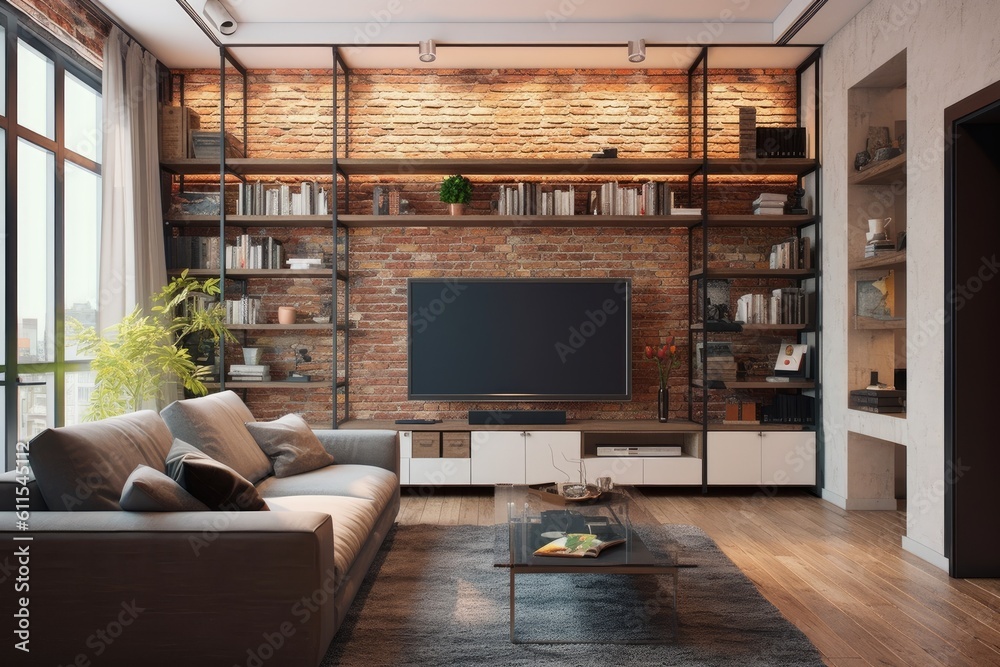 Wall mural TV cabinet with a brick wall in the living room. Generative AI