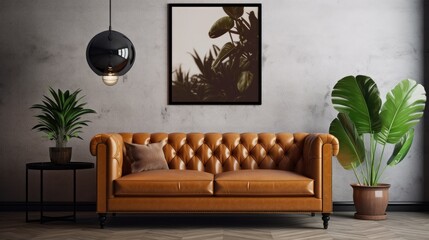 mock-up poster featuring a leather sofa and plant in a classically styled room. Generative AI
