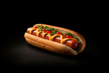 Tasty hotdog with sausage and mustard isolated on black background. Created with Generative AI Technology