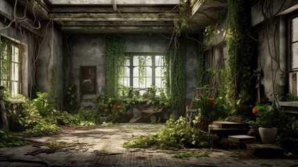 Fototapeta na wymiar unclean abandoned post-apocalyptic classic room background with plants, Generative AI