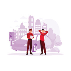 Police with a man. Policeman registering a traffic violation against a background of a highway, cars, buildings, and a red light. Trend modern vector flat illustration.