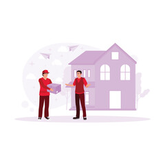 Service delivery illustration concept. The Courier delivers a box containing a customer's order to a customer's house. Courier packages deliver orders. Receive packages from couriers to customers. Tre