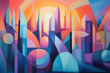 Abstract landscape, bold geometric shapes with vibrant colors, energy and movement. Generative AI