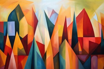 Abstract landscape, bold geometric shapes with vibrant colors, energy and movement. Generative AI