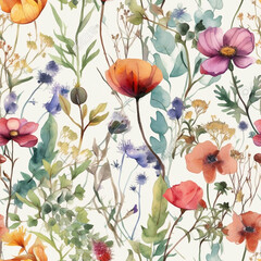 Fototapeta na wymiar Seamless summer pattern with watercolor poppies and wildflowers generative AI