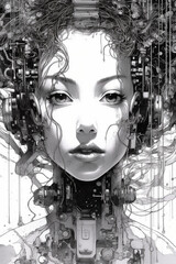  an amazing style of surreal manga illustration of cyberpunk, futuristic cyborg, girl portraits in black and white Created with generative AI tools.