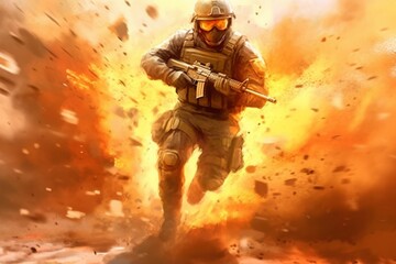爆発の中を駆け抜ける兵士：AI作品