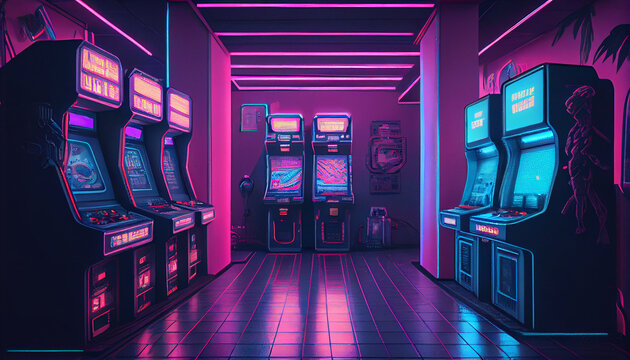 Retro video gaming hall a synthwave hall Ai generated image