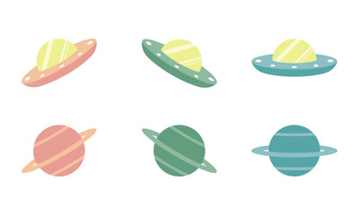 Cute unidentified flying object with star ring doodle cartoon icon flat vector design