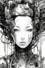  an amazing style of surreal manga illustration of cyberpunk, futuristic cyborg, girl portraits in black and white Created with generative AI tools.