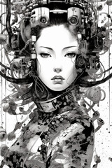 an amazing style of surreal manga illustration of cyberpunk, futuristic cyborg, girl portraits in black and white Created with generative AI tools.
