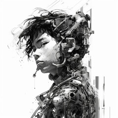  an amazing style of surreal manga illustration of cyberpunk, futuristic cyborg, man portraits in black and white Created with generative AI tools.