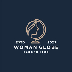 woman and globe logo design with vector template line style.