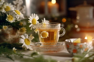 Fragrant Chamomile Tea in a Cozy Setting, Close-up Shot, created with Generative AI