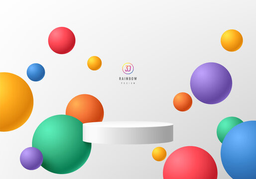 3D background realistic white cylinder podium with bounce colorful balls around. LGTOQ wall minimal scene. Mockup product display. Abstract geometric platforms. Pride stage showcase. Vector rendering.