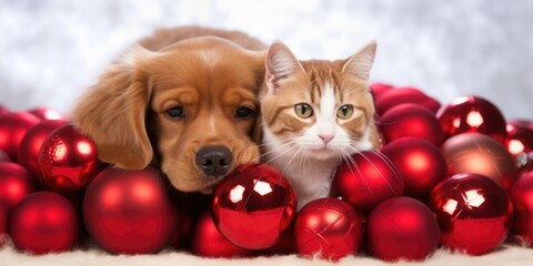 Fototapeta na wymiar cat and dog christmas with generative ai