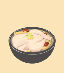 Korean food samgyetang illustration, 한국 음식 삼계탕 일러스트