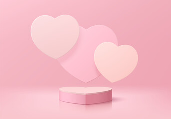 Valentine pink 3D background realistic white pedestal podium with floating overlap hearts shape. Pastel wall minimal scene mockup product display. Abstract geometric platforms. 3D round Stage showcase