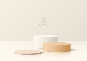3D background with set of realistic white, beige and brown cylinder pedestal podium. Wall minimal mockup cosmetic product display. Abstract geometric platforms. Round stage showcase. Vector rendering.